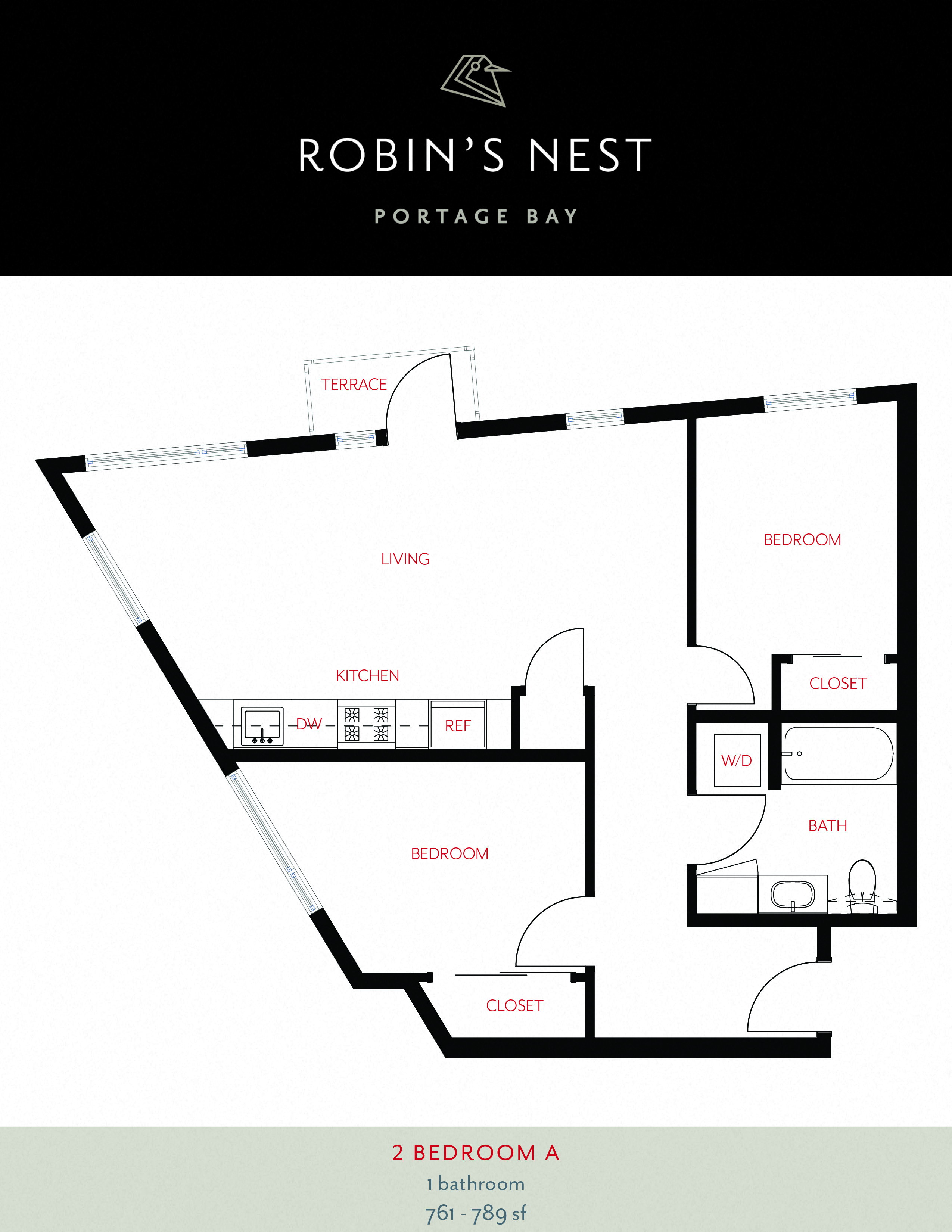 Floor plan for 2 beds, 1 bath, 789 sqft